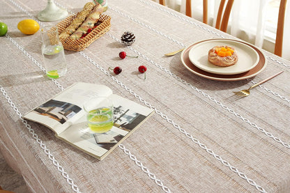 60 x 84 inches Farmhouse Style Linen tablecloths, Wrinkle Resistant Washable Dining Room Table Cloths for Rectangle Tables - Hemstitch Light Coffee
