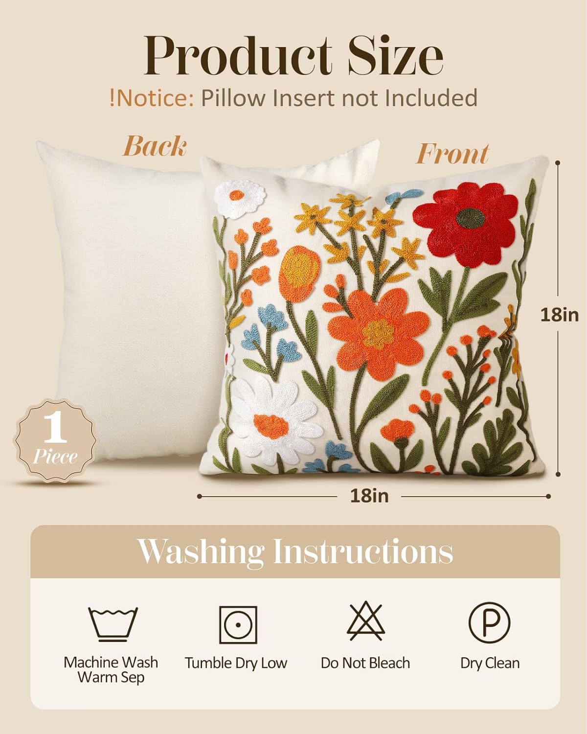 Embroidered Throw Pillow Cover 18x18 Inch - Spring Summer Boho Decorative Pillow Cover with Zipper for Living Room Couch Sofa Bed Aesthetic Design Flower Cluster Cushion Pillowcase