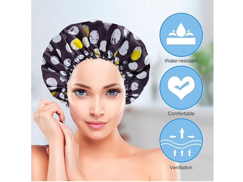 Shower Cap for Women Set of 4, Bath Caps, Double Layers Hair Caps + 2 Satin Hair Scrunchies, Reusable Waterproof Shower Caps, Elastic Hair Cap for Shower - Pattern A
