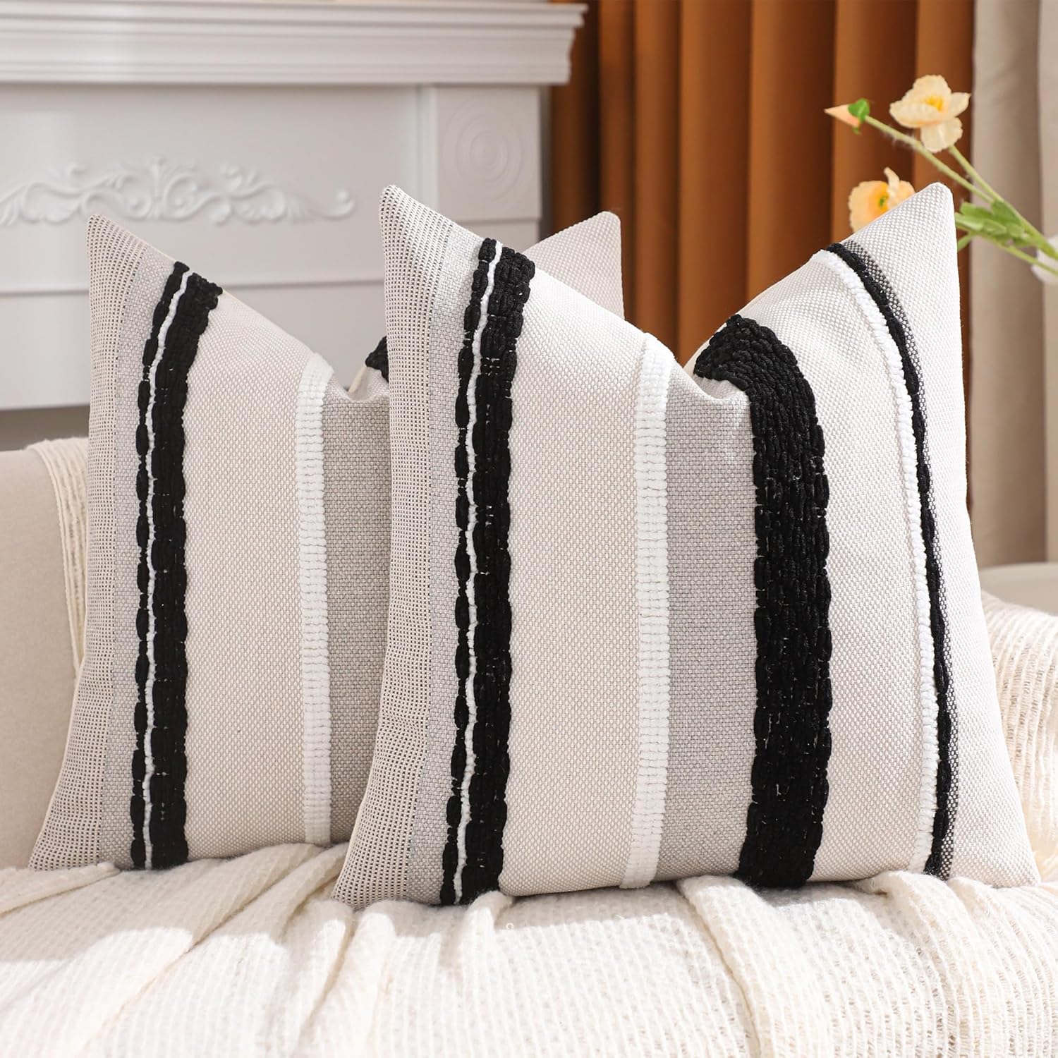 Grey Throw Pillow Covers 18x18 Set of 2 Boho Stripe Pillow Covers Tufted Decorative Pillow Case Accent Pillowcase Farmhouse Cushion Case Nuetral Textured Pillow Cover Spring Home Decor