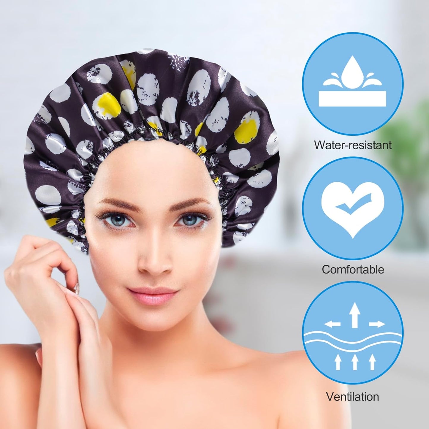 Shower Cap for Women Set of 4, Bath Caps, Double Layers Hair Caps + 2 Satin Hair Scrunchies, Reusable Waterproof Shower Caps, Elastic Hair Cap for Shower - Pattern A