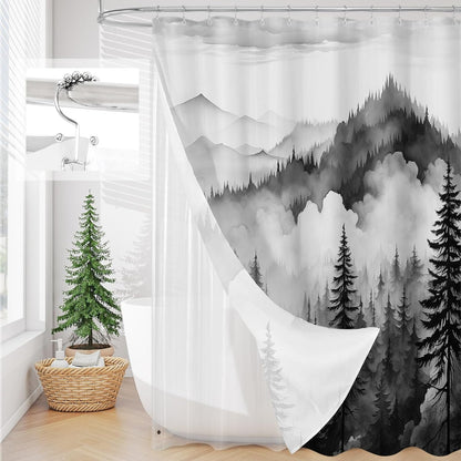 3 in 1 Shower Curtain Set, DarkGreen Misty Pine Forest Fabric Shower Curtain with PEVA Liner and Double Sided Hooks, Bathroom Curtain Waterproof 72x72