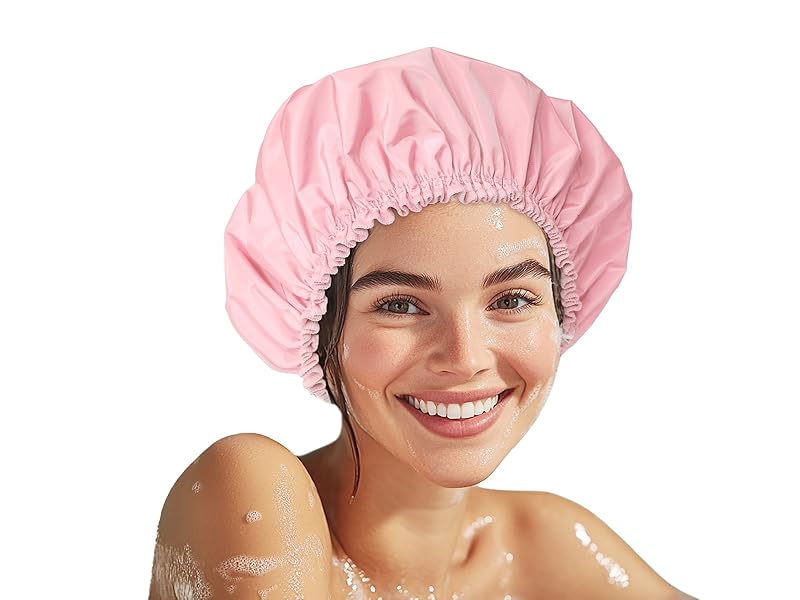 Shower Cap for Women, Double Layer Waterproof Bath Cap, Reusable Hair Protector, Large Waterproof Shower Bonnet Washable Elastic Band Bath Hair Hat for Long Hair, Braids， - Pink