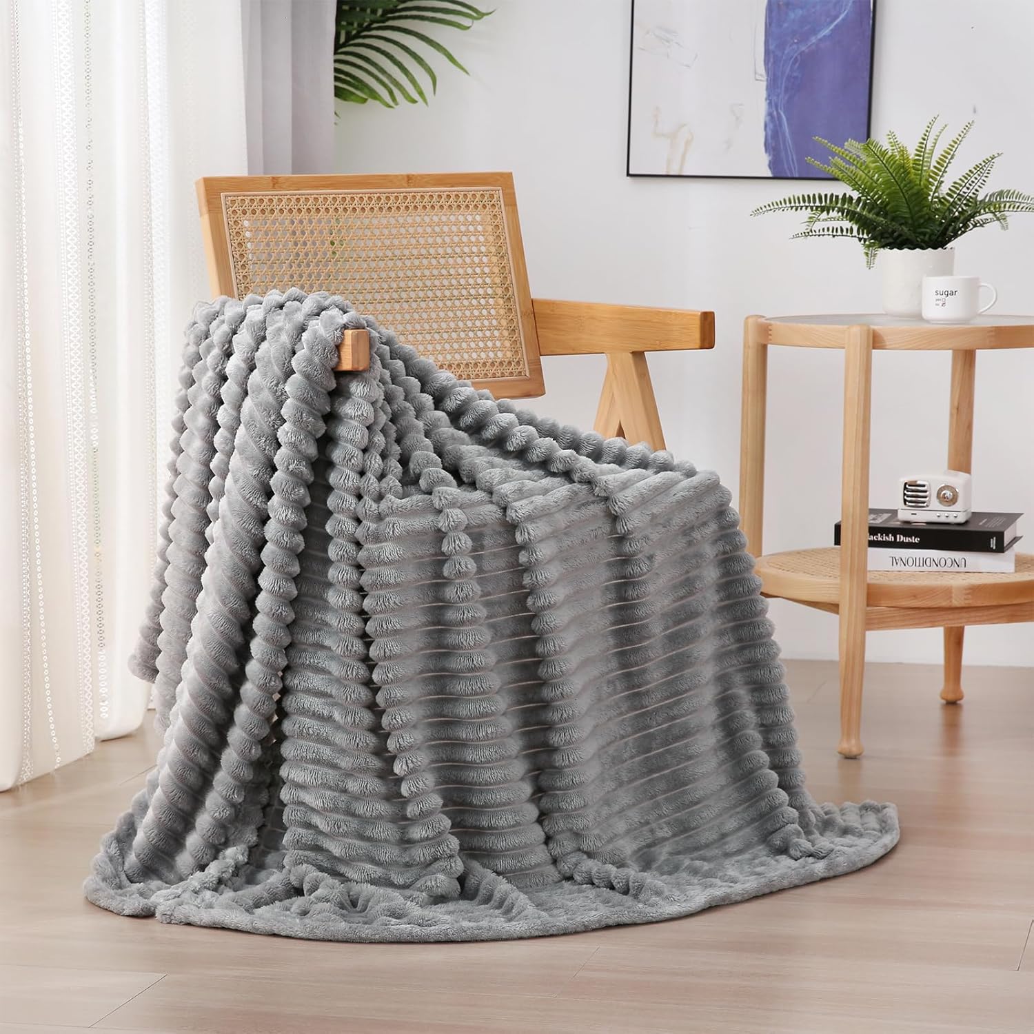Sage Green Fleece Throw Blanket 50”×60” for Couch Sofa Bed,Super Soft Cozy Plush Microfiber Flannel Blanket with Stripes Design Lightweight for Adults,Woman,Girls