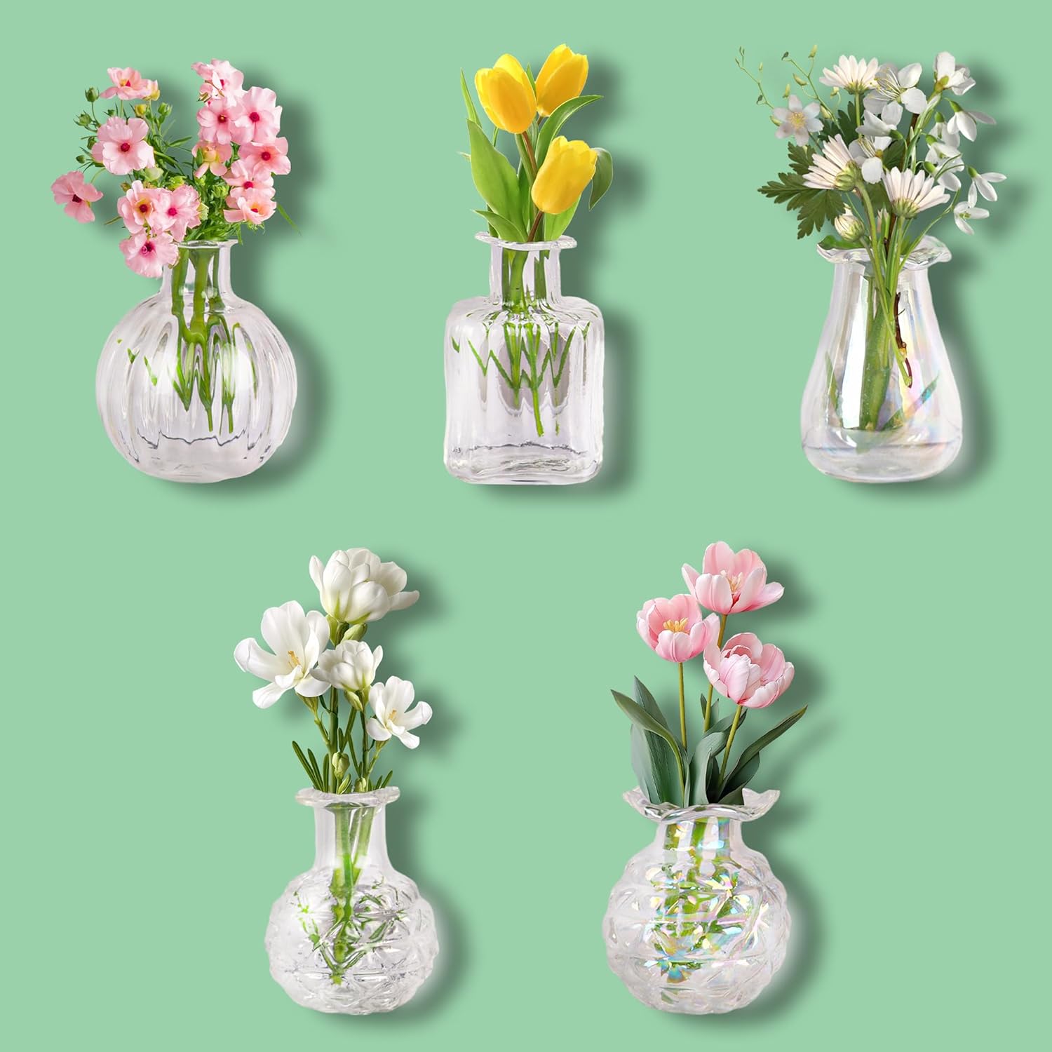 Cute Mini Vase Magnets for Fridge, Tiny Plant Glass Vases with Flowers, Magnetic Refrigerator Decor for Kitchen, Office, Locker (5 Pack)