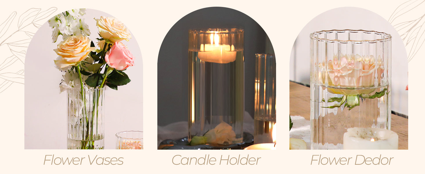 Glass Cylinder Vases, Bud Vase for Centerpieces, 8 Inch Tall Ribbed Vase Hurricane Floating Candle Holder, Decorative Flower Vases for Wedding Reception, Home Decor, Housewarming Gift (Clear)