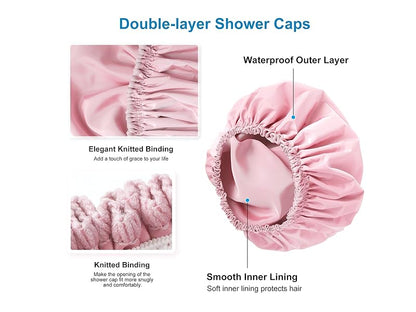 Shower Cap for Women, Double Layer Waterproof Bath Cap, Reusable Hair Protector, Large Waterproof Shower Bonnet Washable Elastic Band Bath Hair Hat for Long Hair, Braids， - Pink