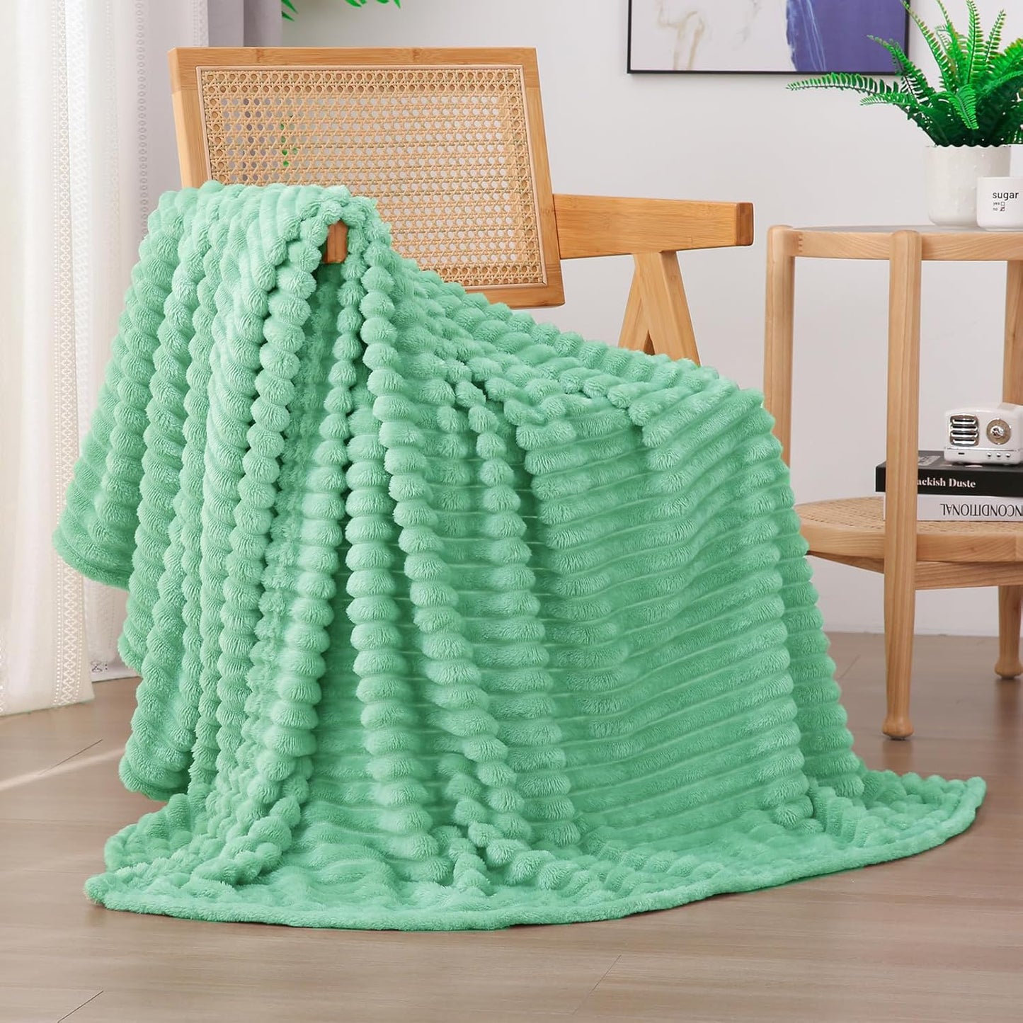 Sage Green Fleece Throw Blanket 50”×60” for Couch Sofa Bed,Super Soft Cozy Plush Microfiber Flannel Blanket with Stripes Design Lightweight for Adults,Woman,Girls