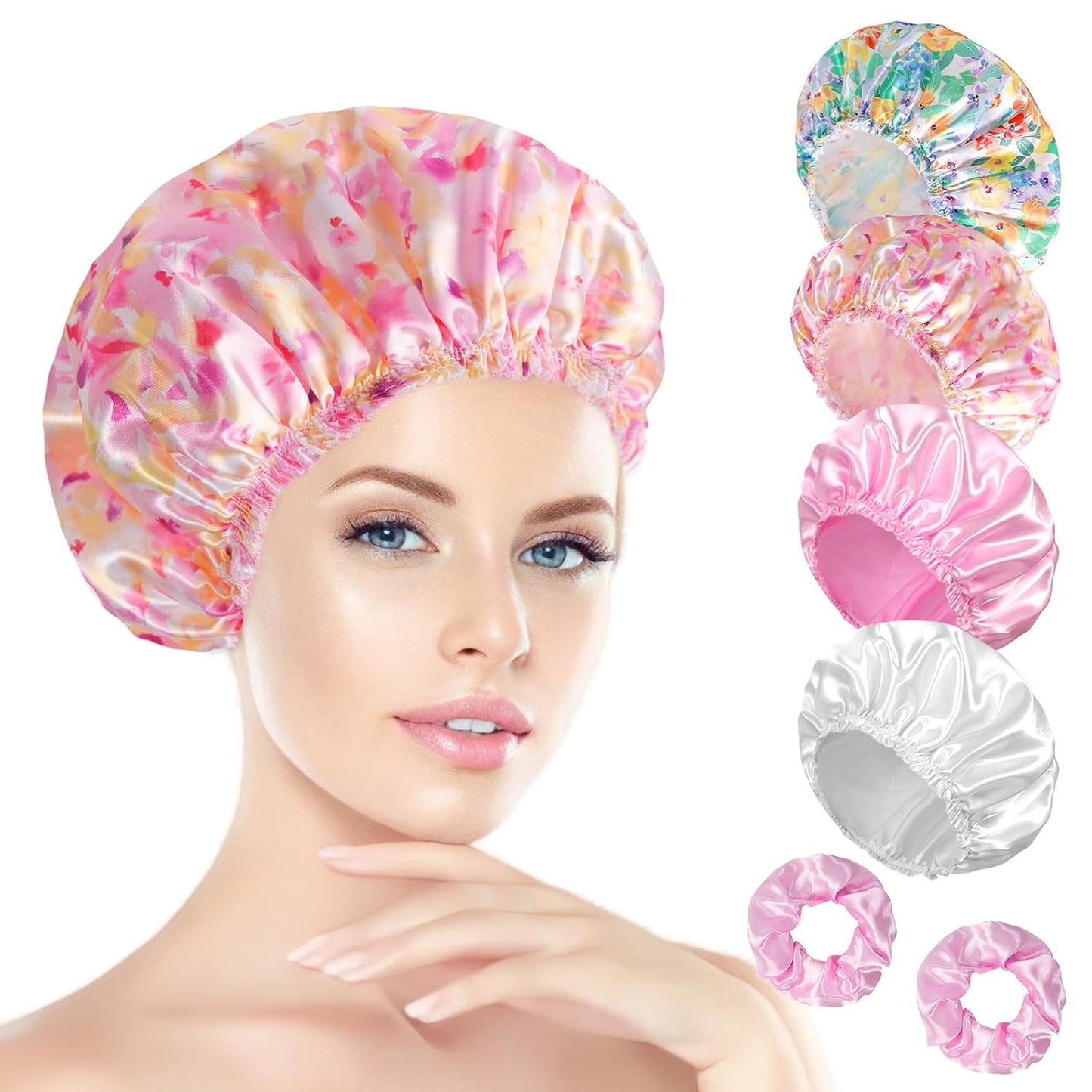 Shower Cap for Women Set of 4, Bath Caps, Double Layers Hair Caps + 2 Satin Hair Scrunchies, Reusable Waterproof Shower Caps, Elastic Hair Cap for Shower - Pattern A