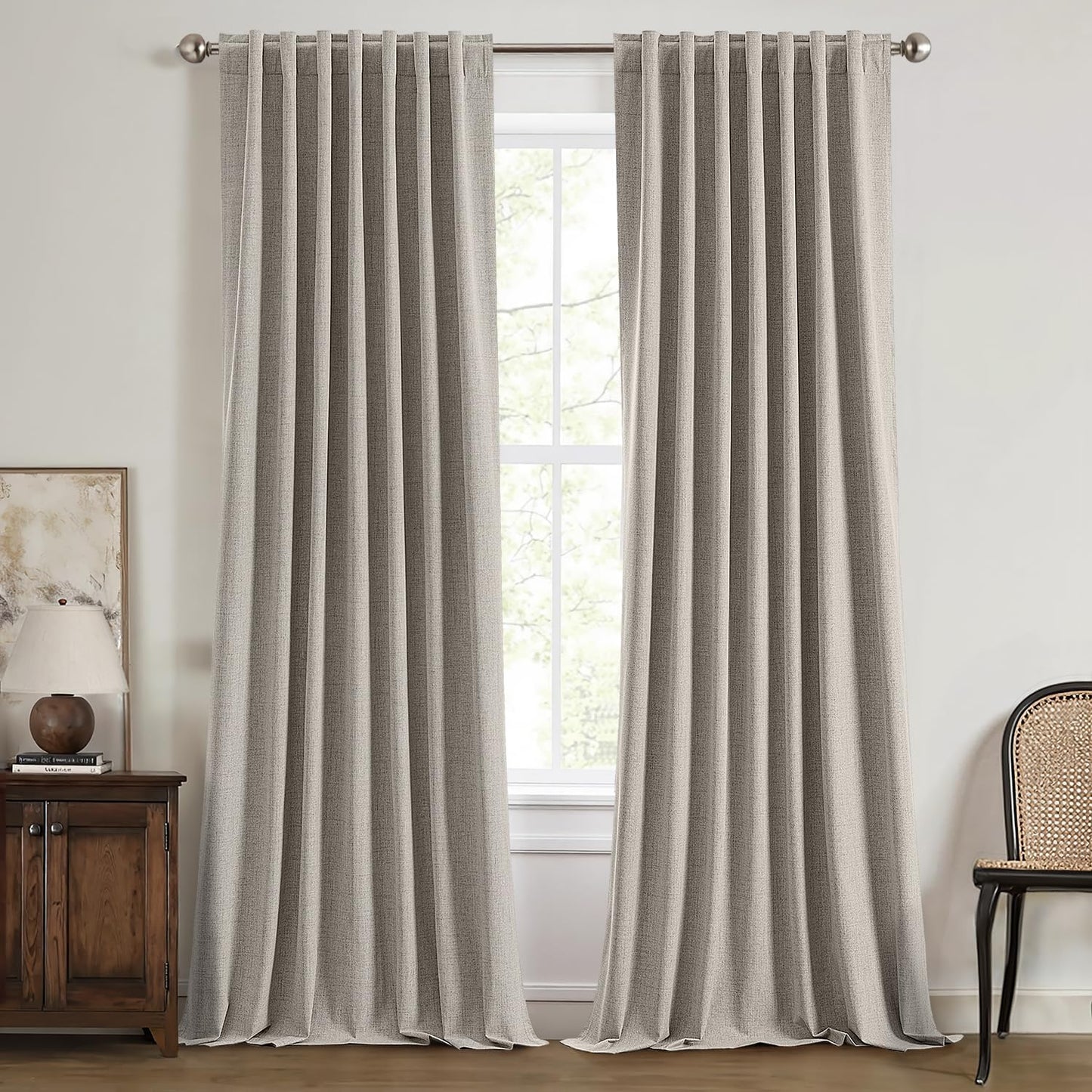 100% Blackout Linen Curtains for Bedroom, Ivory Solid Luxury Decor Thermal Insulation Room Darkening Drapes for Living Room Nursery Back Tab Rod Pocket 42 x 84 Inches, 2 Panels
