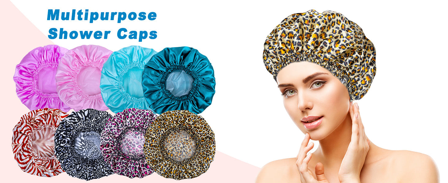 Shower Cap for Women, Double Layer Waterproof Bath Cap, Reusable Hair Protector, Large Waterproof Shower Bonnet Washable Elastic Band Bath Hair Hat for Long Hair, Braids， - Pink