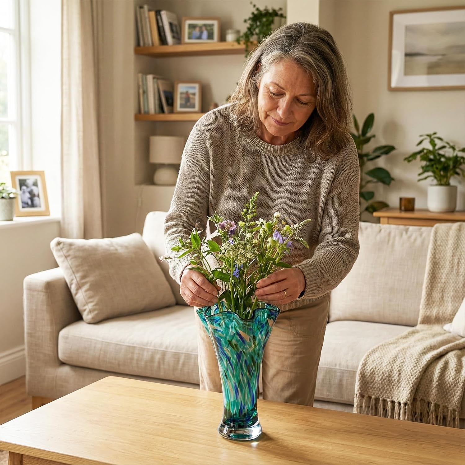 9.0" H Teal Glass Vases for Flowers, Unique Hand Blown Glass Vase Green Home Decor, Wide Mouth Colorful Flower Vase Centerpieces, for Living Room Table Bookshelf, Bathroom Office Shelf Decorative