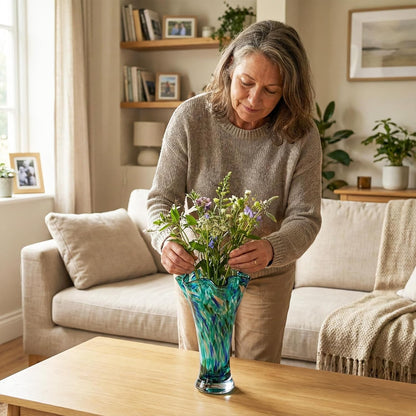 9.0" H Teal Glass Vases for Flowers, Unique Hand Blown Glass Vase Green Home Decor, Wide Mouth Colorful Flower Vase Centerpieces, for Living Room Table Bookshelf, Bathroom Office Shelf Decorative