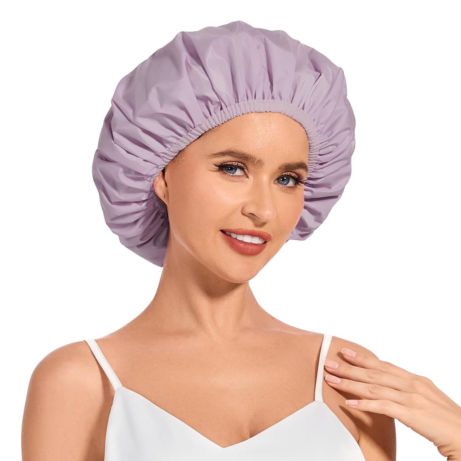 Shower Cap for Women Waterproof Reusable, Large Shower Cap Non-Slip with Elastic Band, Washable Bath Hair Hat for Long Hair, Braids (Pink)