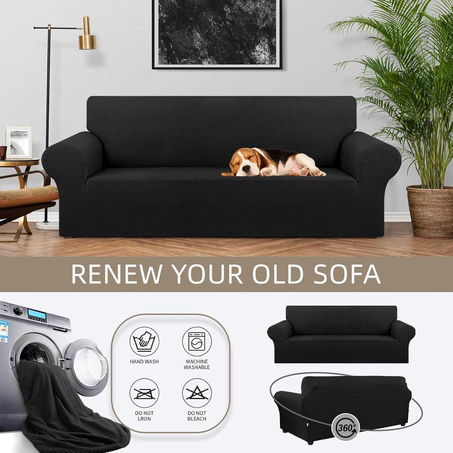 Stretch Sofa Cover Slipcover ，Couch Covers for 3 Cushion Couch Sofa pet Friendly (78"-94") Furniture Protector Sofa with Elastic Bottom for Kids,Dog, Jacquard Small Checked(Large,Black)