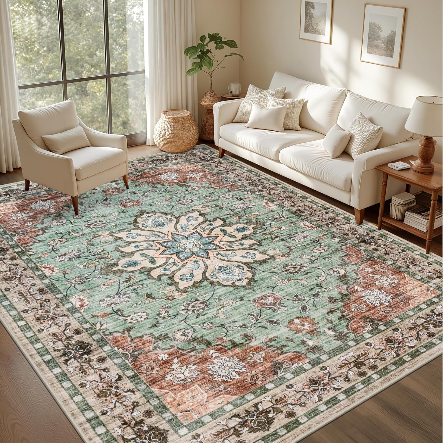 5x7 Area Rugs Living Room Rug: Washable Vintage Boho Rug No Slip Stain Resistant Soft Carpet Indoor Floor Floral Large Carpets for Bedroom Dining Room Farmhouse Nursery Hallway Home Office Beige