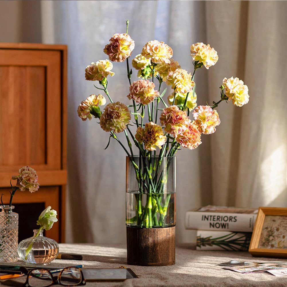 Wood Glass Vase, 10" H, Wooden Base Cylindrical Flower Vase, Classic Boho Rustic Style for Fireplace Bedroom Kitchen Living Room Centerpieces Office Desk