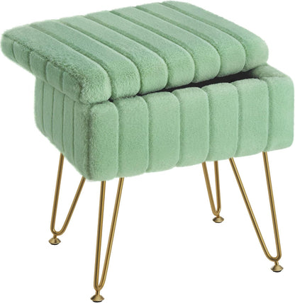 Vanity Stool Chair Faux Fur with Storage, 15.7"L x 11.8"W x 19.4"H Soft Ottoman 4 Metal Legs with Anti-Slip Feet, Furry Padded Seat, Modern Multifunctional Chairs for Makeup, Bedroom White