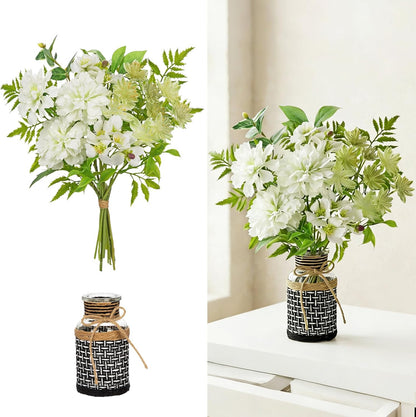 Fake Flowers in Vase Blue Faux Flowers Bush Bouquet Plant Flower Arrangements with Woven Glass Vase Artificial Flower Floral Bulk Bouquet Home Decor Bathroom Table Centerpiece Decorations