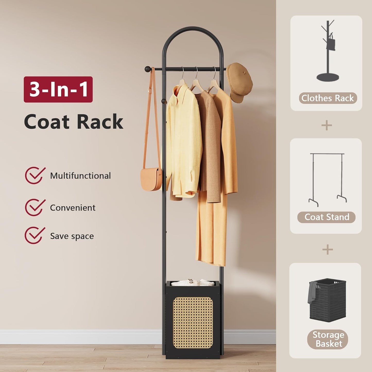 Coat Rack Stand with Wooden Base, Coat Tree Rattan Design, Coat Hanger Stand with 6 Hooks, Small Clothes Rack for Living Room, Bedroom, Office, Black
