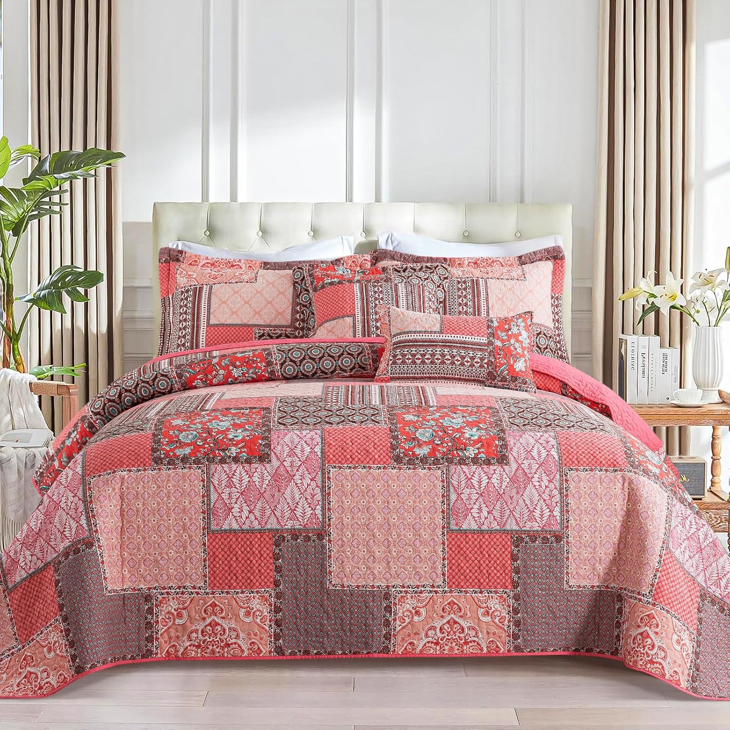 Farmhouse Cotton Quilts Queen Size for Fall - Lightweight Patchwork Autumn Bedspread Set for Bed Coverlet - Highly-Woven Soft Reversible Bed Spread for All Seasons (Floral Orange) 3 Pieces