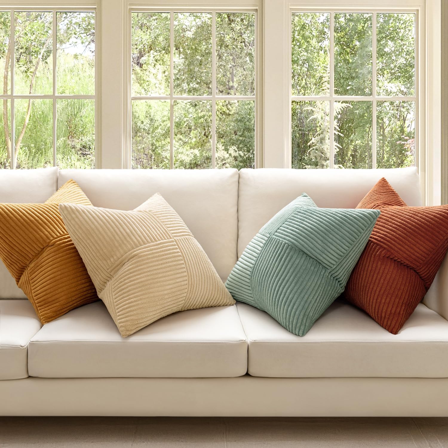 Teal Orange Decorative Throw Pillow Covers 18x18 Inch Set of 4 Boho Corduroy Striped Cushion Cases Modern Farmhouse Patchwork Pillow Cases for Couch Sofa Bedroom Home Decor