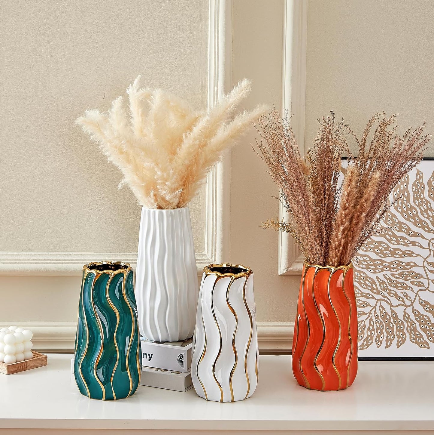White Ceramic Vase for Home Decor,Decorative Flower Vase, Vertical Stripe Ceramic Vases for Home Décor, Bedroom, Office, Living Room, Bathroom, Tabletop Decor, Centerpiece (White)