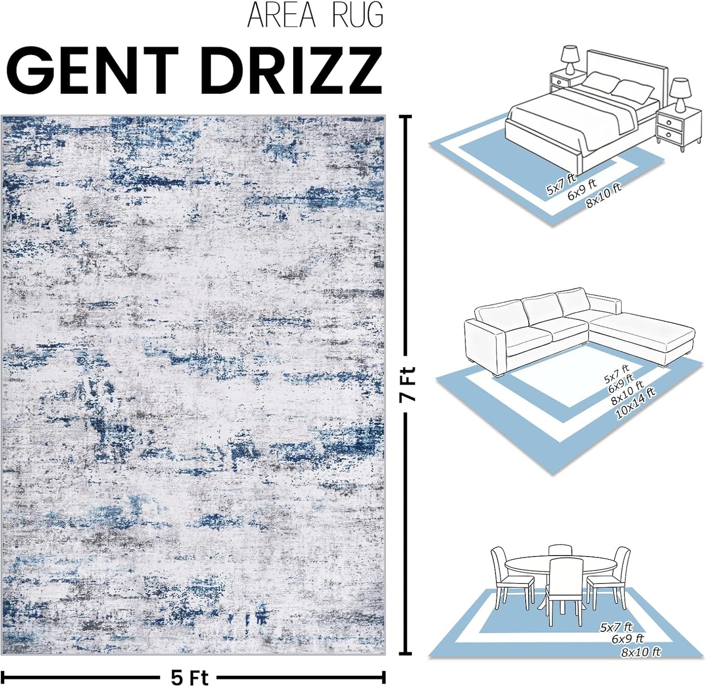 Area Rug Living Room Rugs: 5x7 Large Soft Indoor Carpet Modern Abstract Rug with Non Slip Rubber Backing for Under Dining Table Nursery Home Office Bedroom White Gray Blue