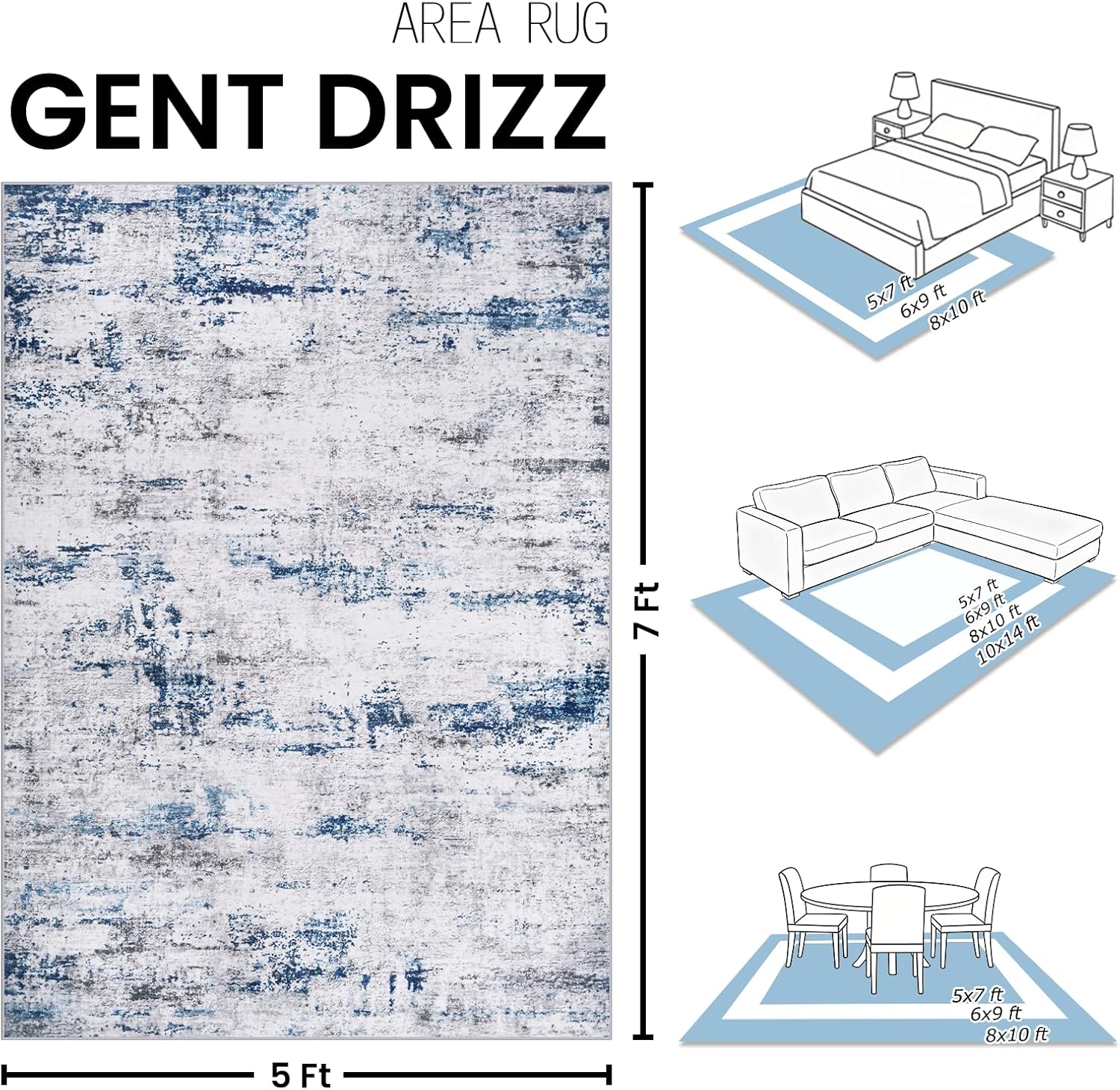 Area Rug Living Room Rugs: 5x7 Large Soft Indoor Carpet Modern Abstract Rug with Non Slip Rubber Backing for Under Dining Table Nursery Home Office Bedroom White Gray Blue
