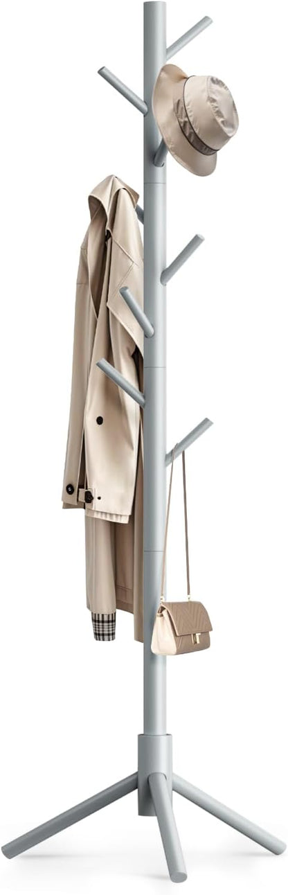 Coat Rack Freestanding with 8 Hooks,Easy Assembly New Zealand Pine Tree Coat Racks, 3 Adjustable Sizes for Clothes, Hats, Bags, for Entryway, Hallway, Bedroom, Office (White, 1 PC)