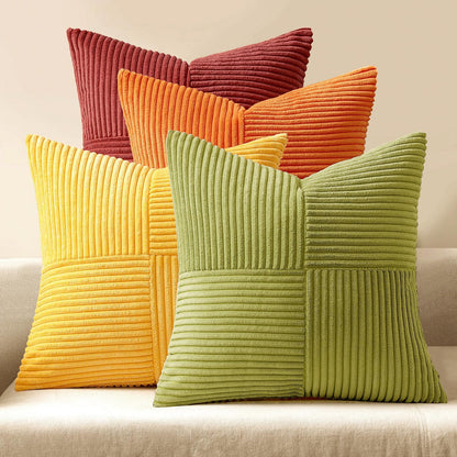 Teal Orange Decorative Throw Pillow Covers 18x18 Inch Set of 4 Boho Corduroy Striped Cushion Cases Modern Farmhouse Patchwork Pillow Cases for Couch Sofa Bedroom Home Decor