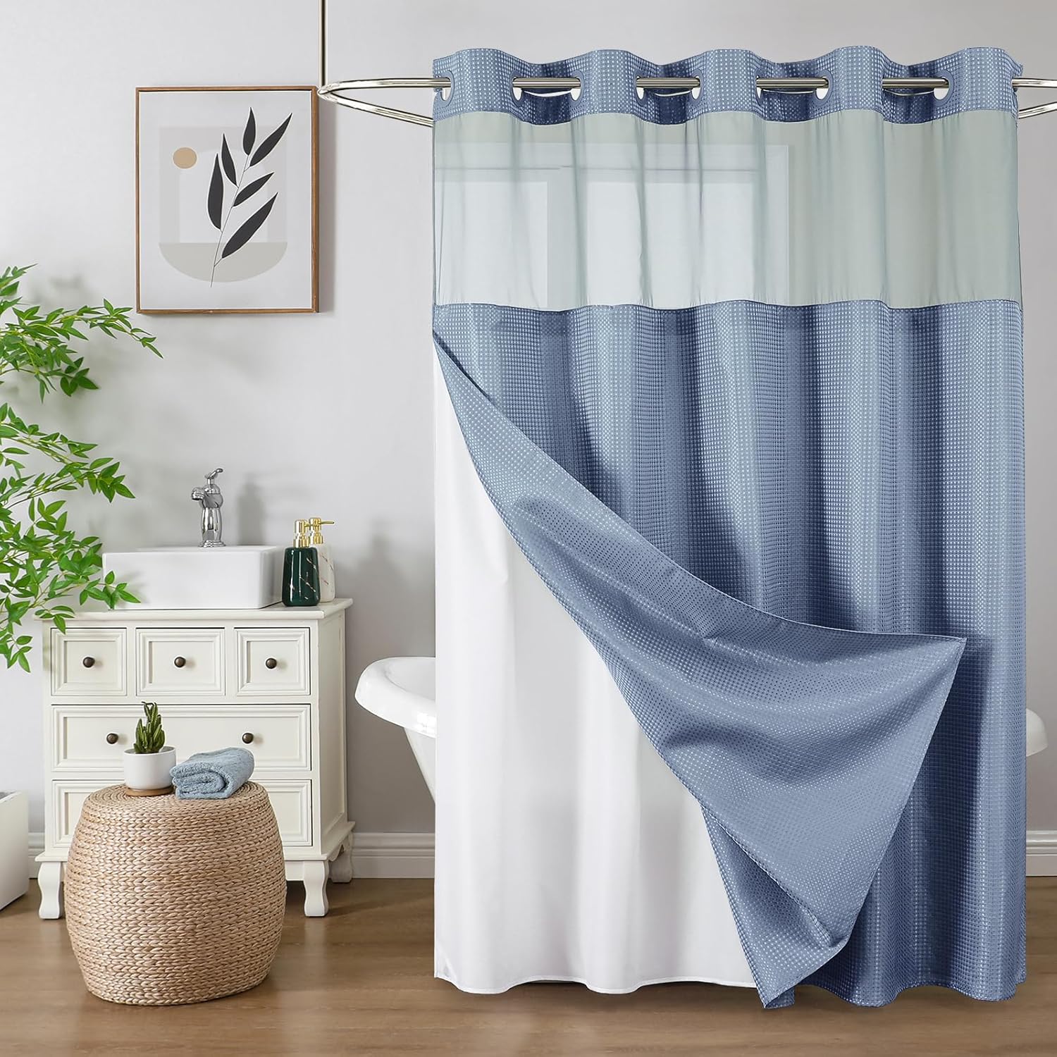No Hook Waffle Shower Curtain with Snap in Fabric, Waterproof Shower Curtains with See Through Top Window, Hotel Luxury Heavy Duty Bathroom Curtain and Liner Set, 72'' x 75'', Black