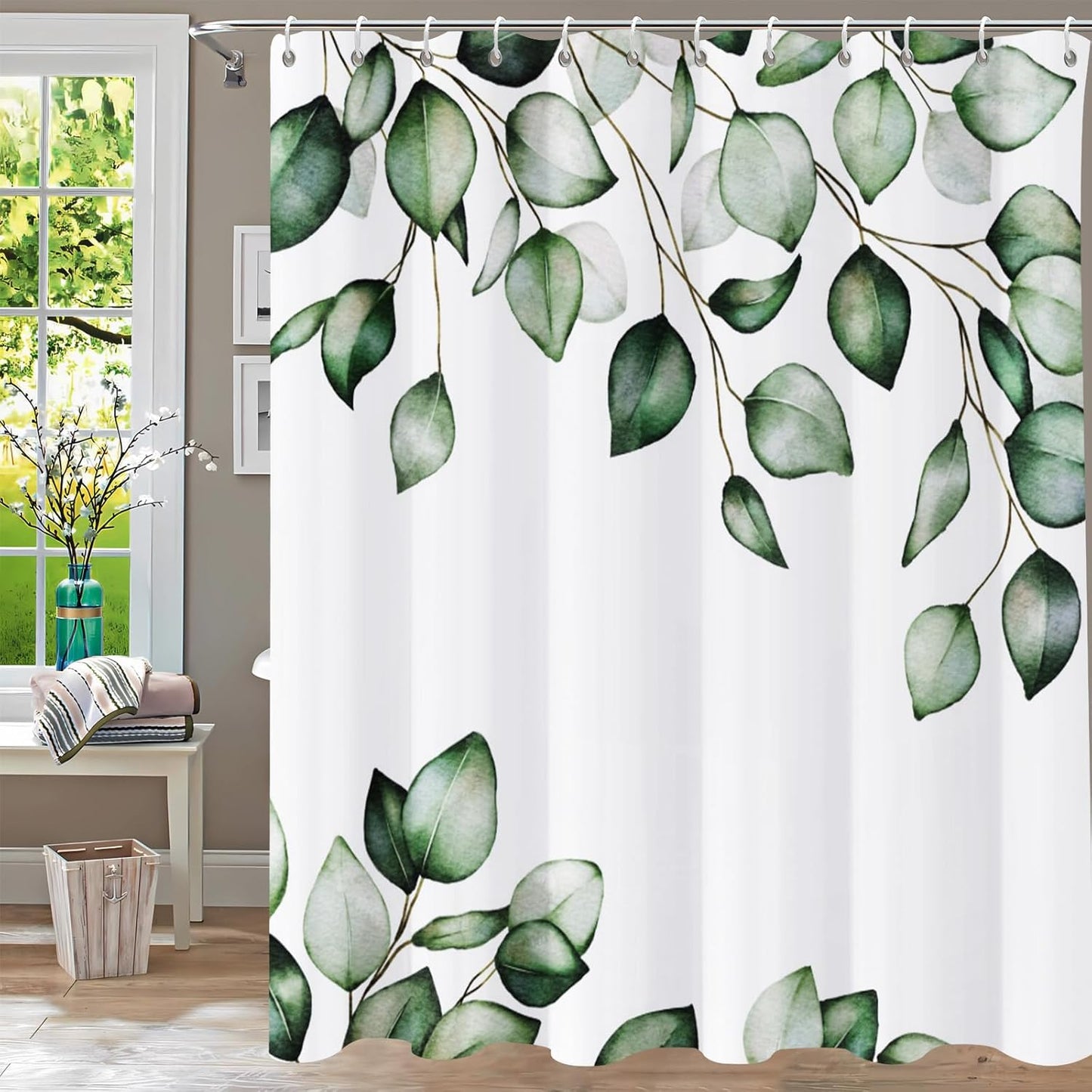 Shower Curtain Blue Eucalyptus Shower Curtains for Bathroom, Watercolor Leaf Shower Curtain Sets Waterproof Plant Shower Curtain Leaves Fabric Cloth Bathroom Curtains 72x72 inch with Hooks