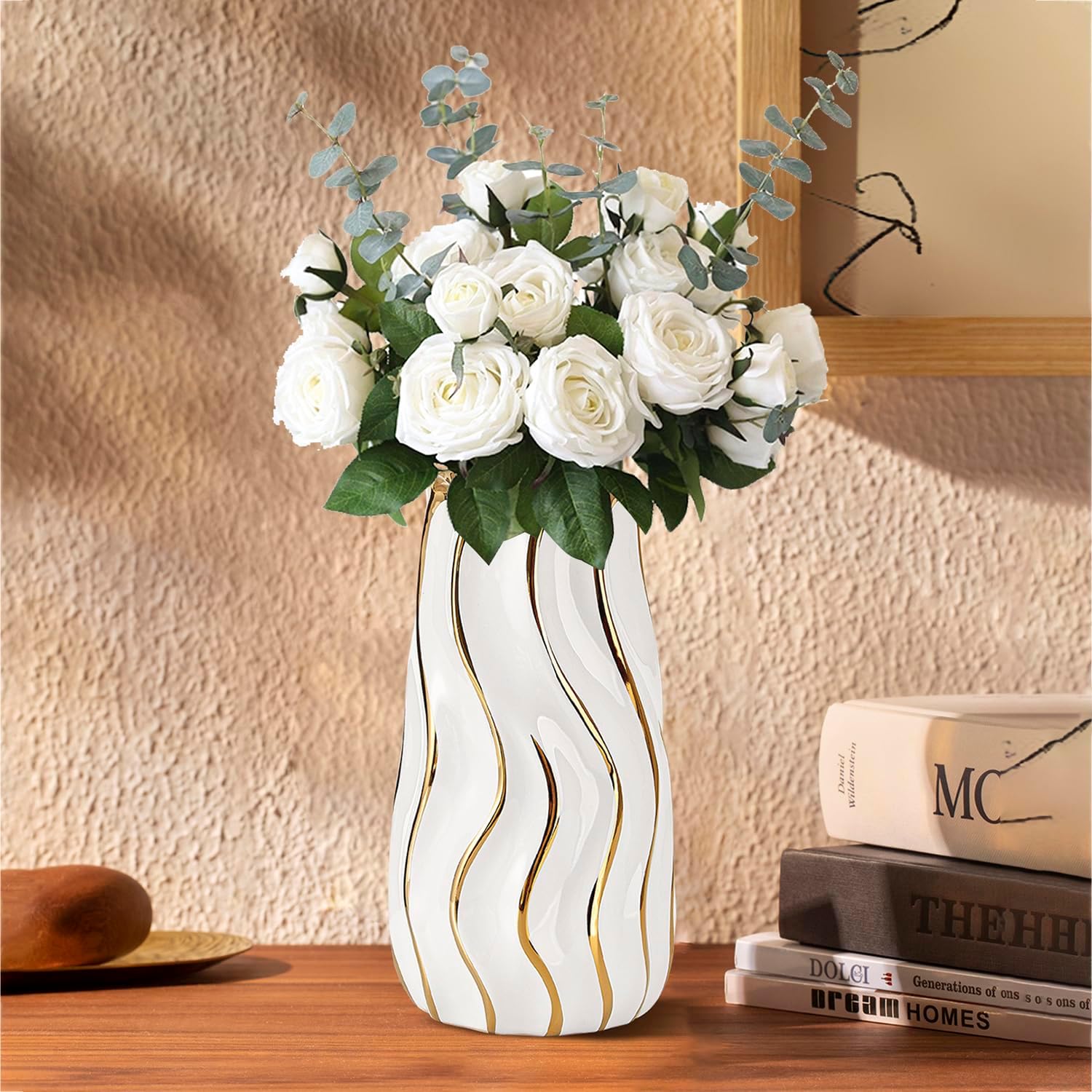 White Ceramic Vase for Home Decor,Decorative Flower Vase, Vertical Stripe Ceramic Vases for Home Décor, Bedroom, Office, Living Room, Bathroom, Tabletop Decor, Centerpiece (White)