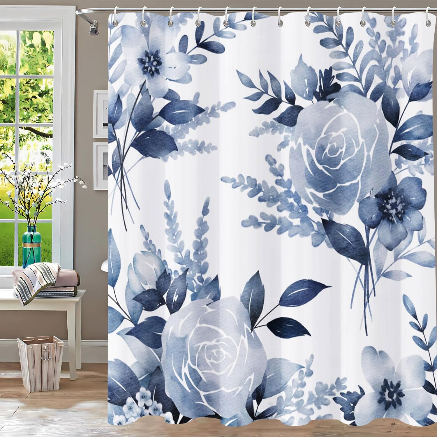 Shower Curtain Blue Eucalyptus Shower Curtains for Bathroom, Watercolor Leaf Shower Curtain Sets Waterproof Plant Shower Curtain Leaves Fabric Cloth Bathroom Curtains 72x72 inch with Hooks