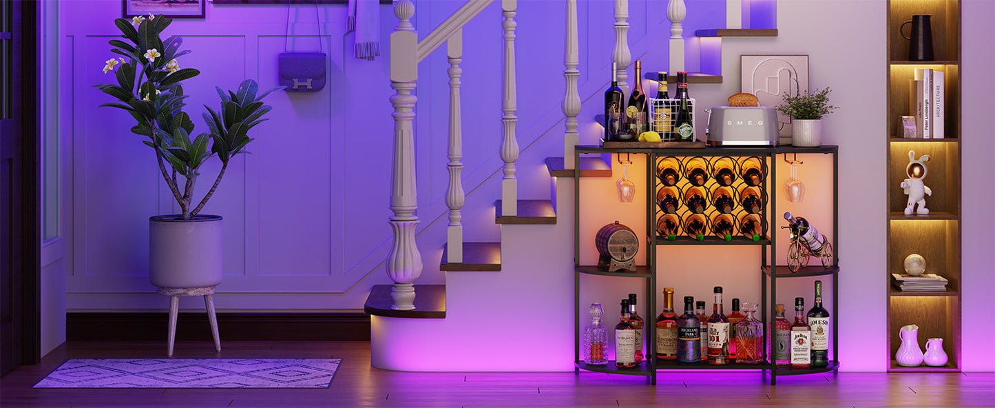 JKsmart Wine Bar Cabinet with LED Lights, Mini Wine Bar Cart with Storage and Glass Holder, Home Bar Coffee Bar for Liquor, 3-Tier Bar Table for Kitchen, Dining Room, Living Room, Black