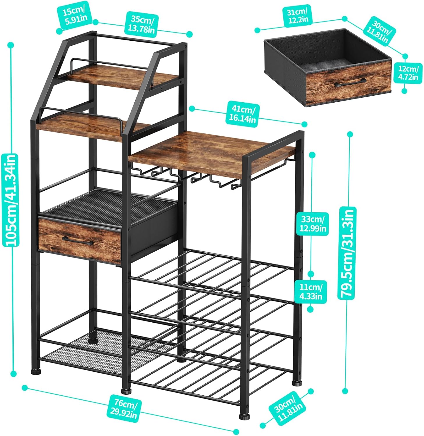HapiRm Wine Rack Freestanding Floor - Multi-Tier Liquor Cabinet with Fabric Drawer, Liquor Bottle Display Shelf with Glass Holder, Vintage Whiskey Cabinet for Home