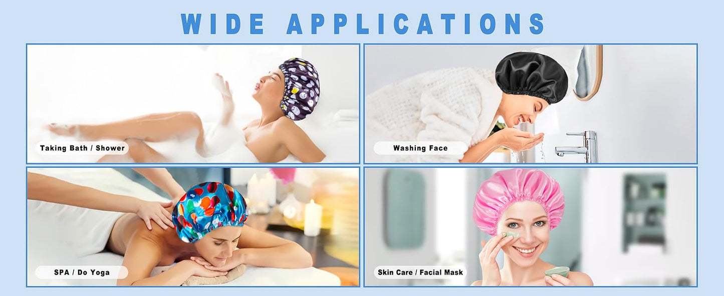 Shower Cap for Women Set of 4, Bath Caps, Double Layers Hair Caps + 2 Satin Hair Scrunchies, Reusable Waterproof Shower Caps, Elastic Hair Cap for Shower - Pattern A