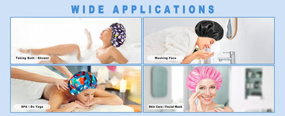 Shower Cap for Women Set of 4, Bath Caps, Double Layers Hair Caps + 2 Satin Hair Scrunchies, Reusable Waterproof Shower Caps, Elastic Hair Cap for Shower - Pattern A