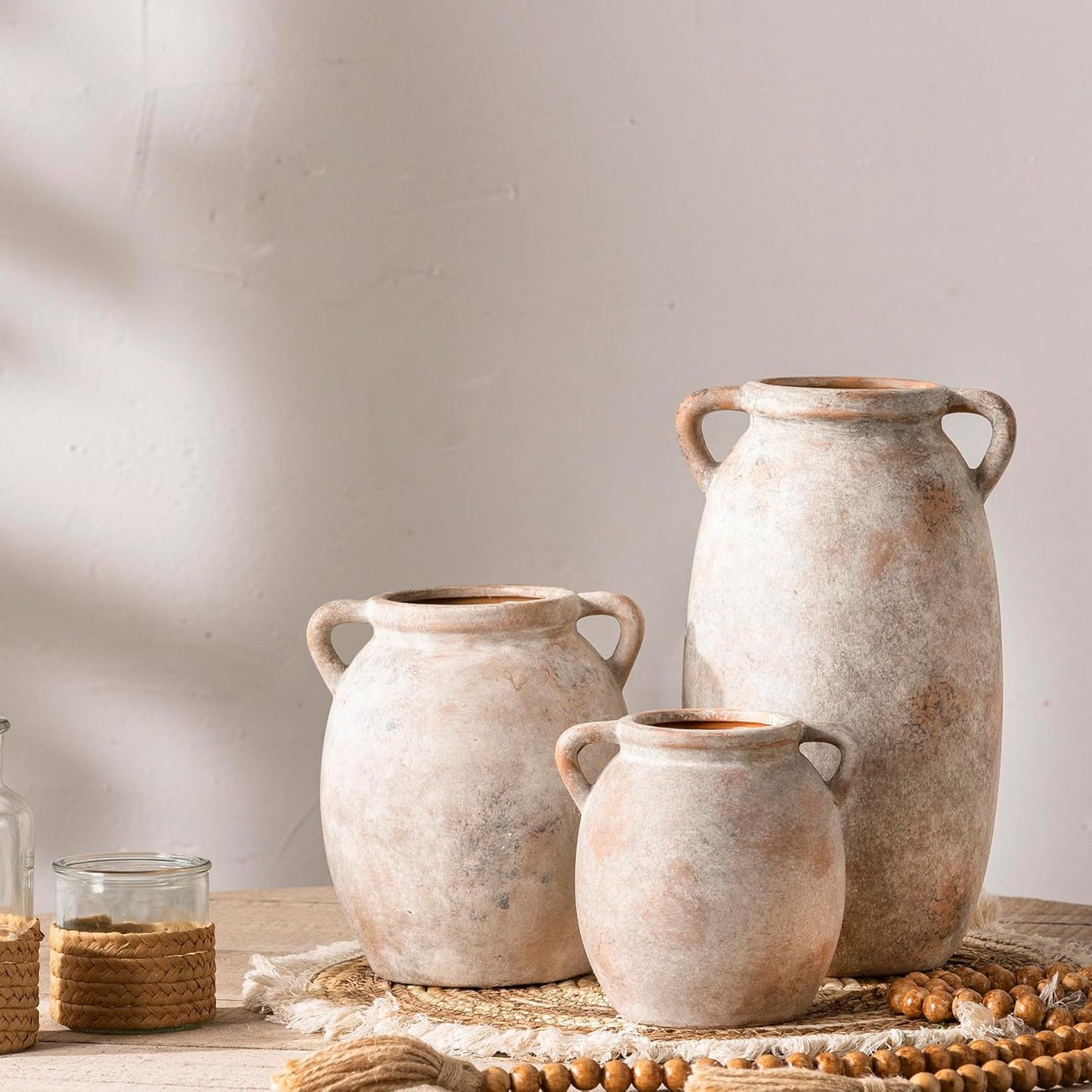 Ceramic Flower Vase 7.6 inch Farmhouse Rustic Vase Decorative Pottery Terracotta Vases for Home Decor Table Mantle Fireplace Living Room Bathroom Wedding Centerpiece (Whitewashed)