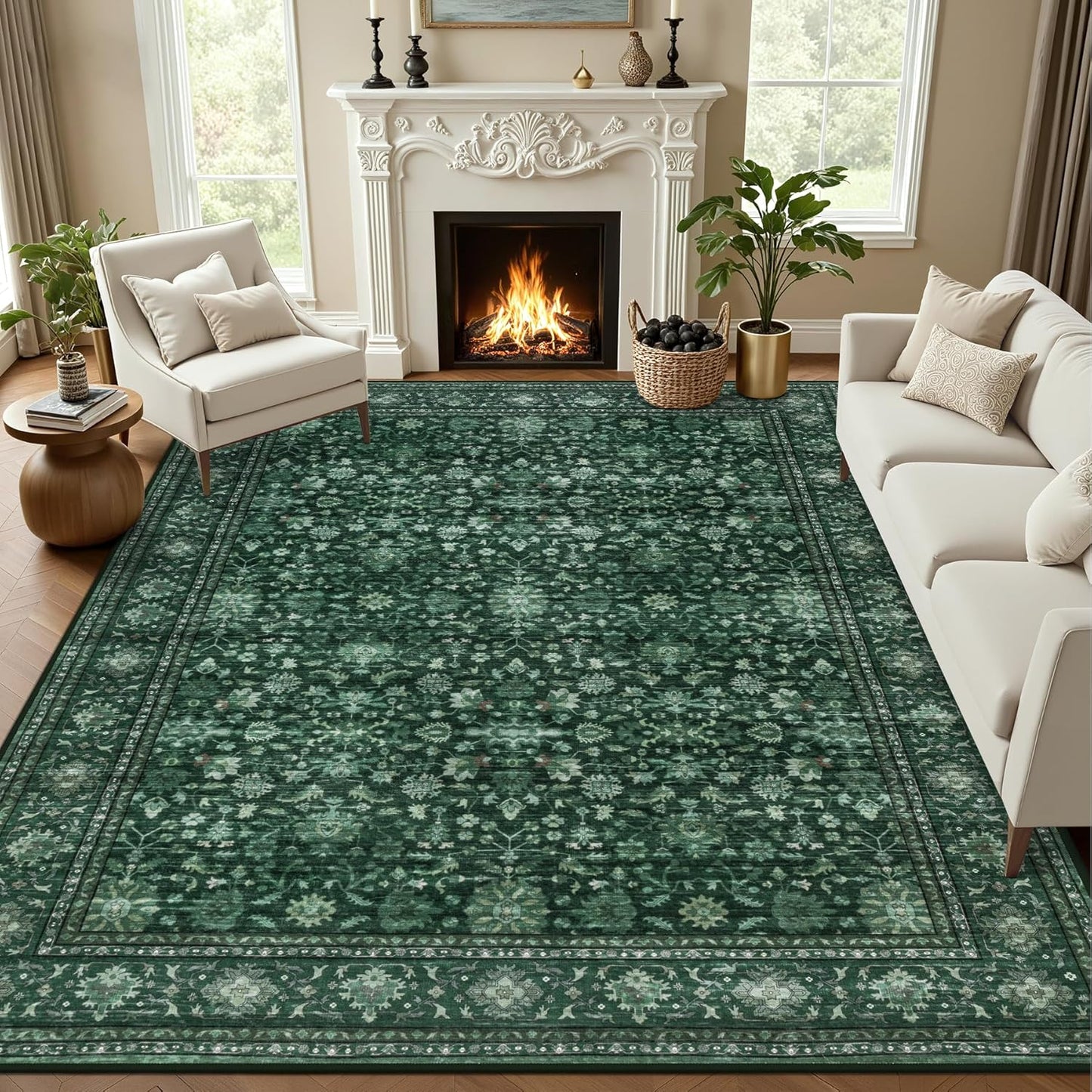 5x7 Area Rugs Living Room Rug: Washable Vintage Boho Rug No Slip Stain Resistant Soft Carpet Indoor Floor Floral Large Carpets for Bedroom Dining Room Farmhouse Nursery Hallway Home Office Beige
