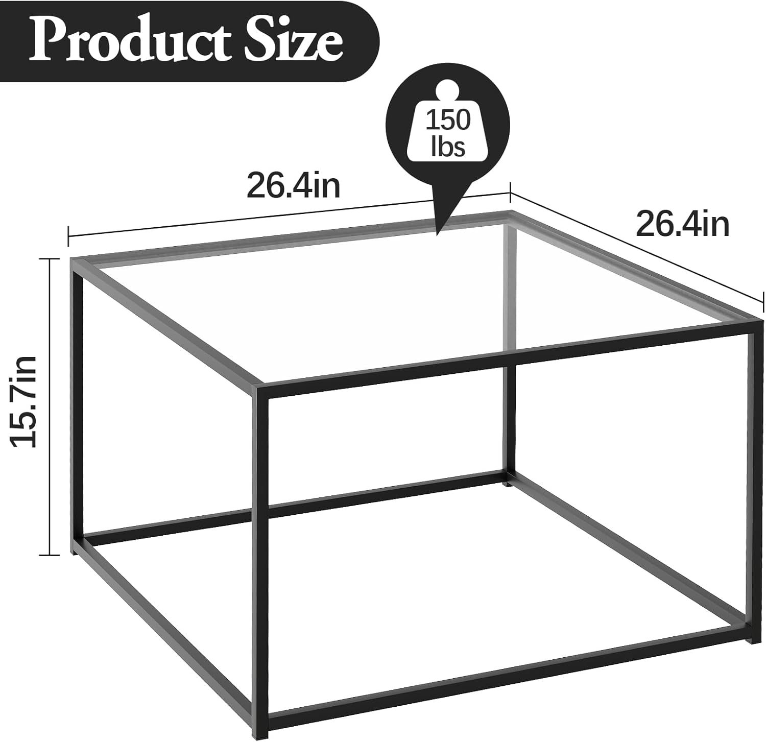 Black Glass Coffee Table for Living Room,Square Coffee Tables for Small Spaces,Simple Tea Cocktail Modern Center Tables, Living Room Tables,Easy Assembly,26 * 26in（Black & Clear Glass）