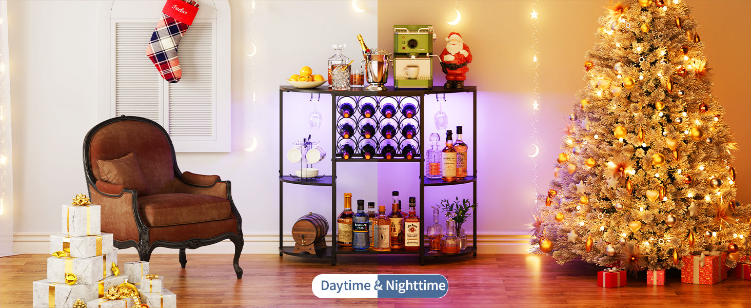 JKsmart Wine Bar Cabinet with LED Lights, Mini Wine Bar Cart with Storage and Glass Holder, Home Bar Coffee Bar for Liquor, 3-Tier Bar Table for Kitchen, Dining Room, Living Room, Black