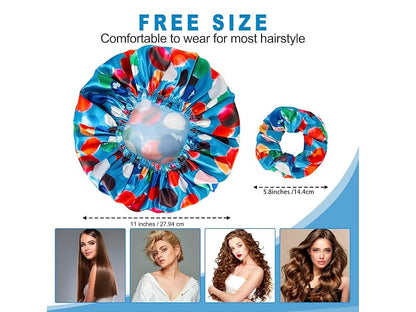 Shower Cap for Women Set of 4, Bath Caps, Double Layers Hair Caps + 2 Satin Hair Scrunchies, Reusable Waterproof Shower Caps, Elastic Hair Cap for Shower - Pattern A
