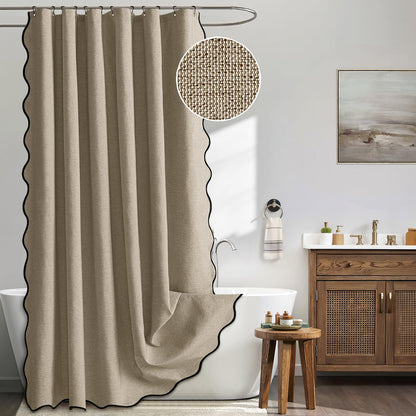Beige Scalloped Shower Curtain Linen Textured with 12 Metal Hooks Cute Heavy Duty Washable Waterproof Neutral Thick Cloth Shower Curtains with Black Border for Bathroom Bathtub,W72*L72 Cream