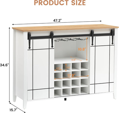 GAOMON Farmhouse Coffee Bar Cabinet 47", Buffet Cabinet with Sliding Barn Door, Coffee Bar with 4 Glass Hooks and 16 Wine Racks for Kitchen, Dining and Living Room, White