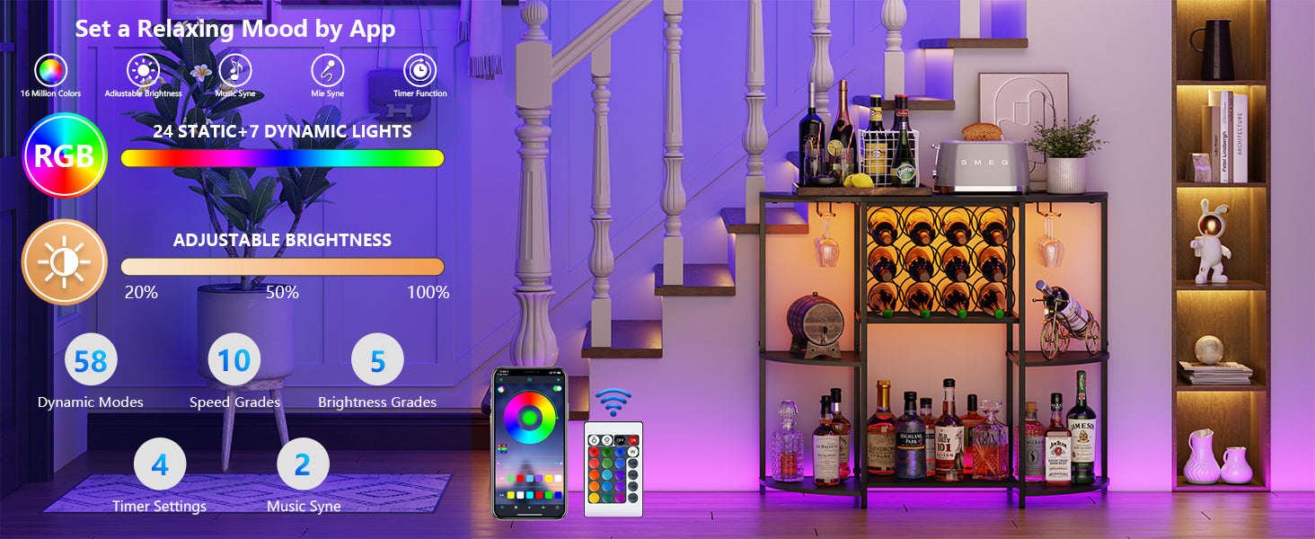 JKsmart Wine Bar Cabinet with LED Lights, Mini Wine Bar Cart with Storage and Glass Holder, Home Bar Coffee Bar for Liquor, 3-Tier Bar Table for Kitchen, Dining Room, Living Room, Black