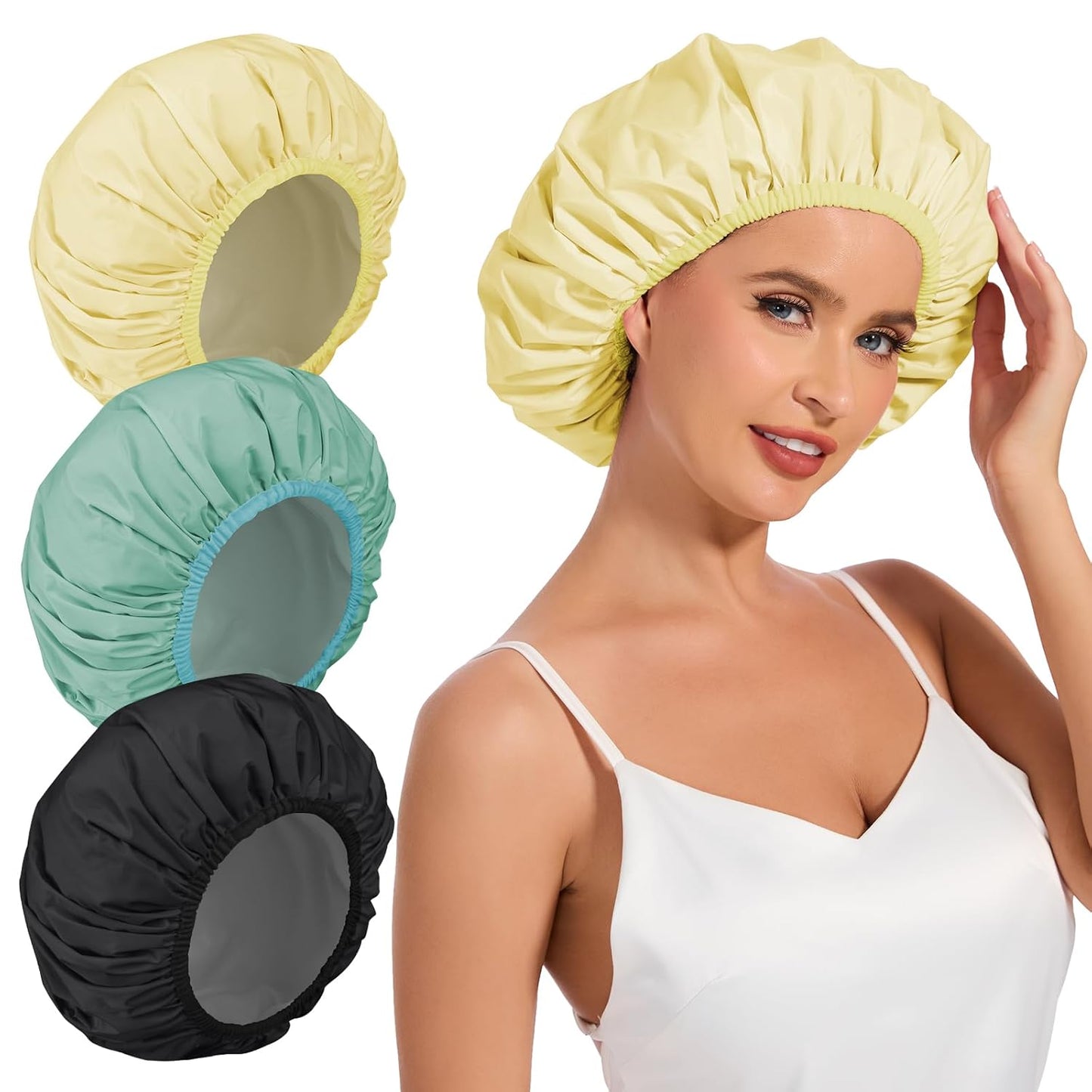 Shower Cap for Women Waterproof Reusable, Large Shower Cap Non-Slip with Elastic Band, Washable Bath Hair Hat for Long Hair, Braids (Pink)