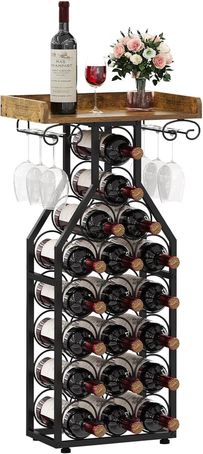 X-cosrack Wine Rack Freestanding Floor, Wine Storage Rack Mini Bar Table with Tabletop, Glass Holder Wine Bottle Display Stand Liquor Cabinet for Home Bar Kitchen Living Room