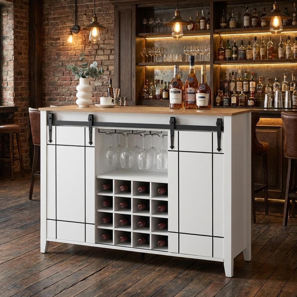 GAOMON Farmhouse Coffee Bar Cabinet 47", Buffet Cabinet with Sliding Barn Door, Coffee Bar with 4 Glass Hooks and 16 Wine Racks for Kitchen, Dining and Living Room, White